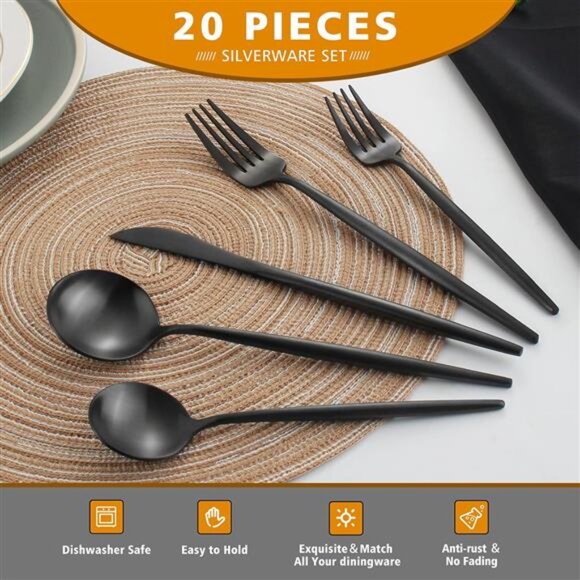 Matte Black Silverware Set, 20-Piece Stainless Steel Flatware Cutlery Set - Picture 3 of 7